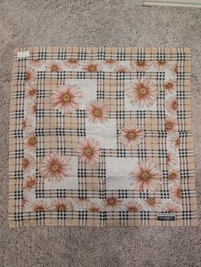 Burberry Beige Check Silk Scarf with Pink Floral Daisy Motif